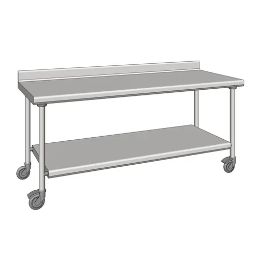 Aktuell Arbeitstisch Edelstahl fahrbar mit Grundboden Aufkantung 100 mm hinten 800 mm x 2000 mm H 900 mm